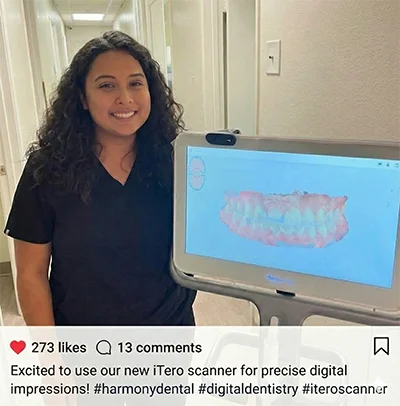 Friendly Harmony Dentalcare team member smiling next to our advanced iTero 3D digital scanner, used for comfortable, goop-free impressions